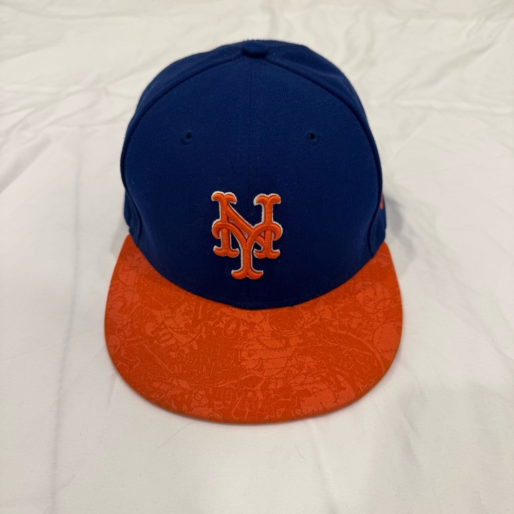 New York Mets New Era 59FIFTY Fitted Hat Blue Orange Pattern Brim Doodle MLB Cap